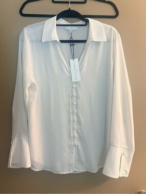 Maison De Amilie White Button-Down Blouse with Micro Dot Print